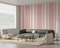 Blush pink ticking stripe wallpaper brings a cozy feel to bright living room., GD9958
