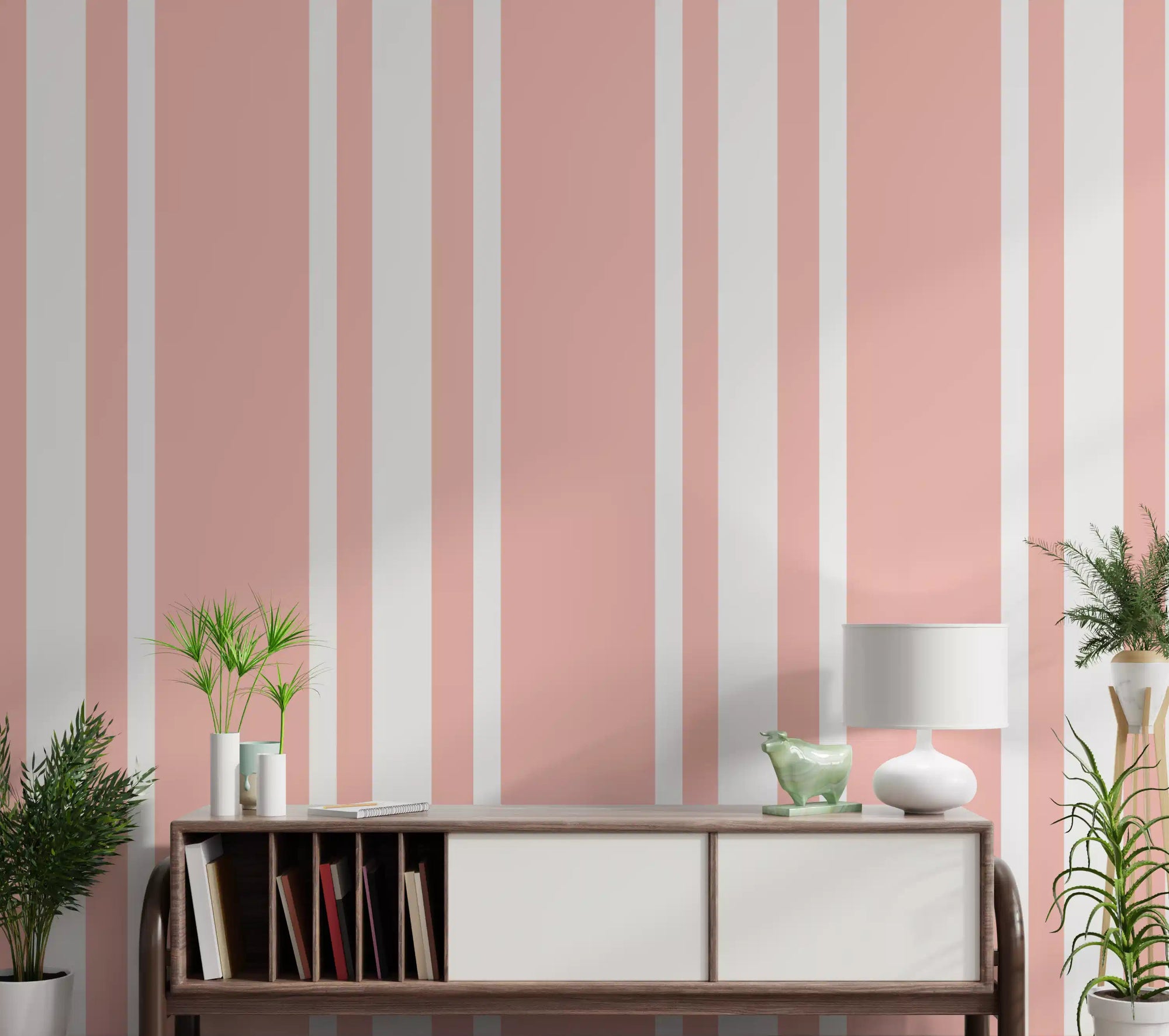 A classic pink ticking wallpaper lines the welcoming hallway walls., GD9958