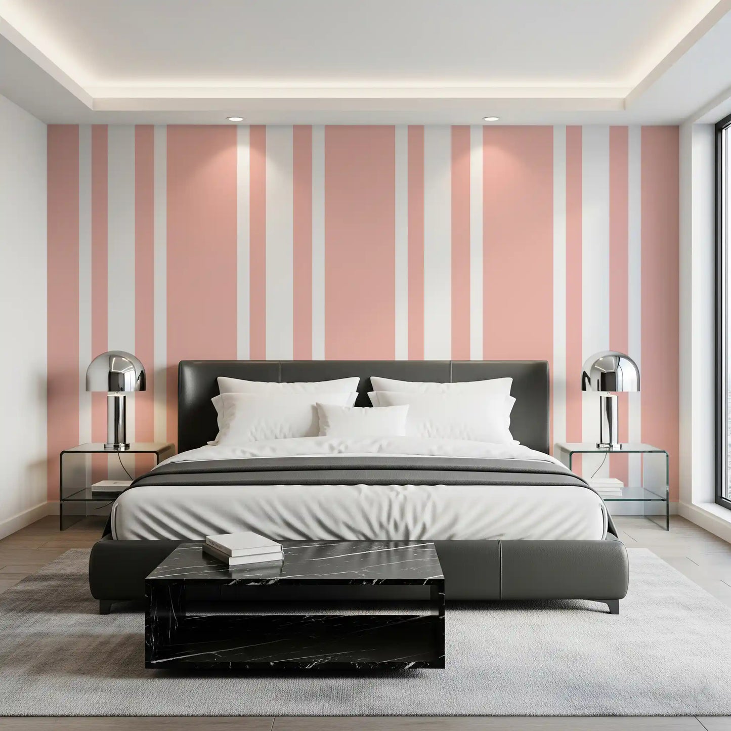 Vertical stripe wallpaper adds traditional charm to a peaceful bedroom., GD9958