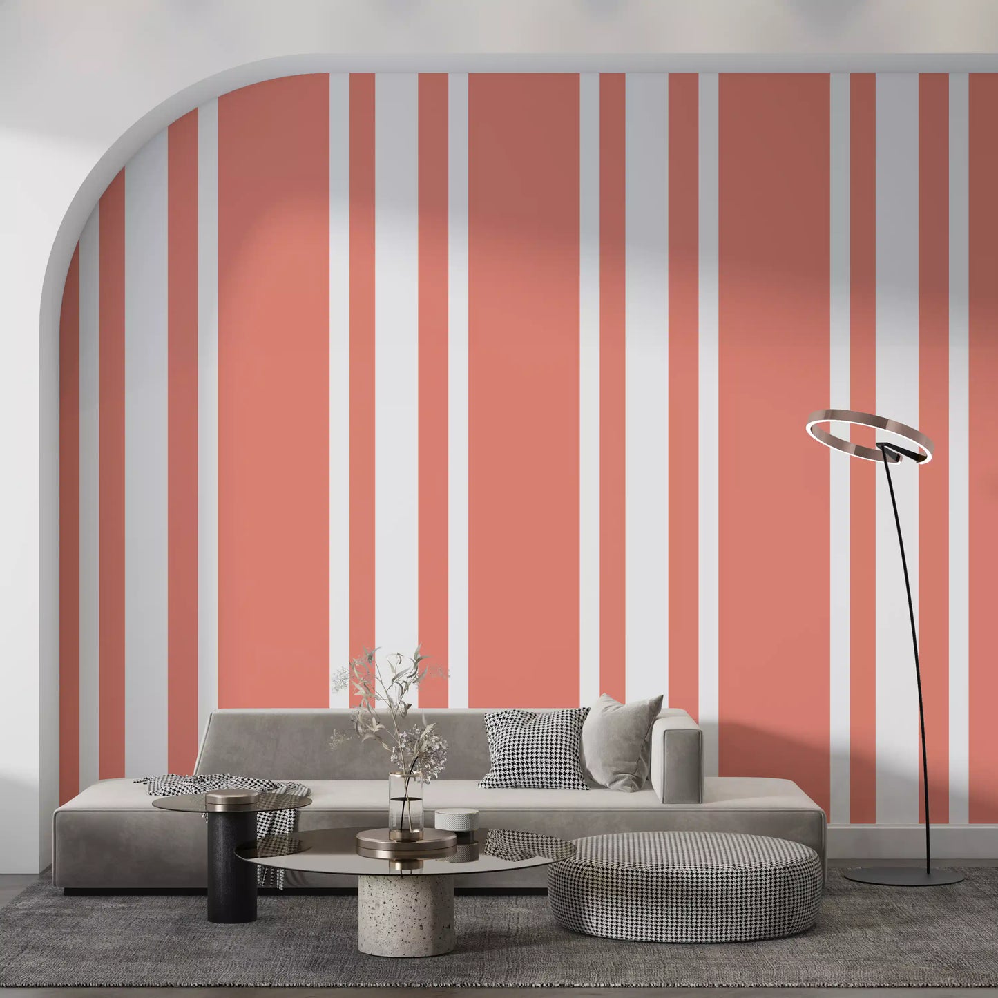 Highlighting the warm pastel tones present within the coastal stripe wallpaper., GD9959