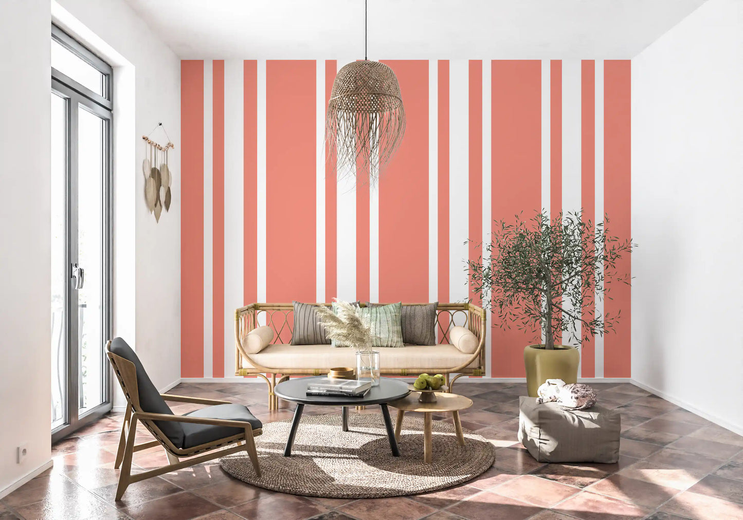 A quiet living room utilizing this light ticking stripe wallpaper., GD9959