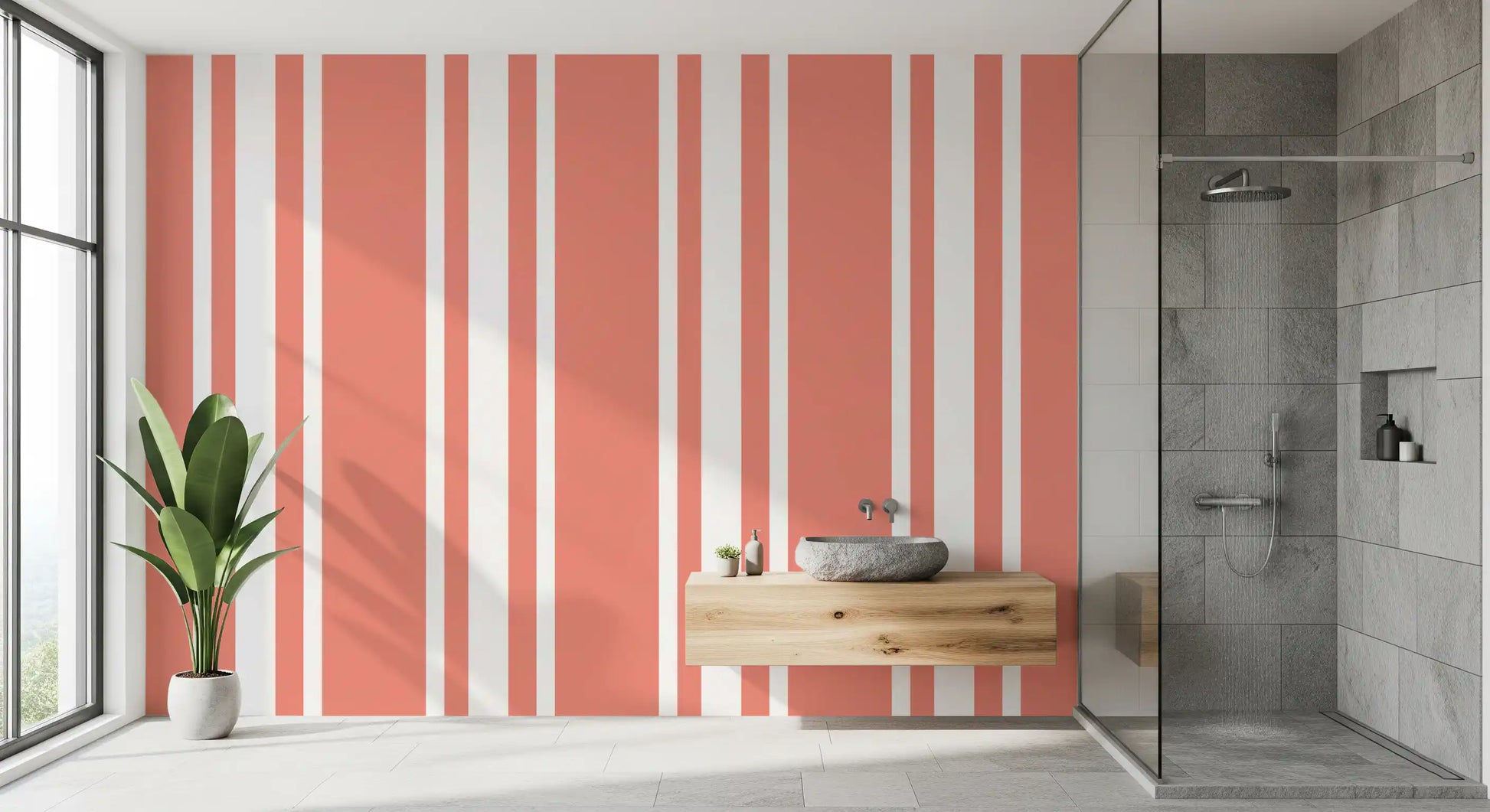 Clean symmetrical lines stretching across the surface of the coral stripe wallpaper., GD9959