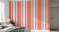 Morning sunlight fills a bedroom lined with the coastal stripe wallpaper., GD9959