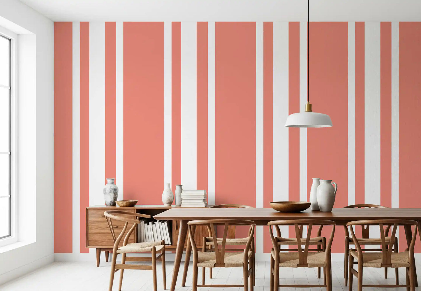Brightening a family dining room with the vertical lines of coastal wallpaper., GD9959