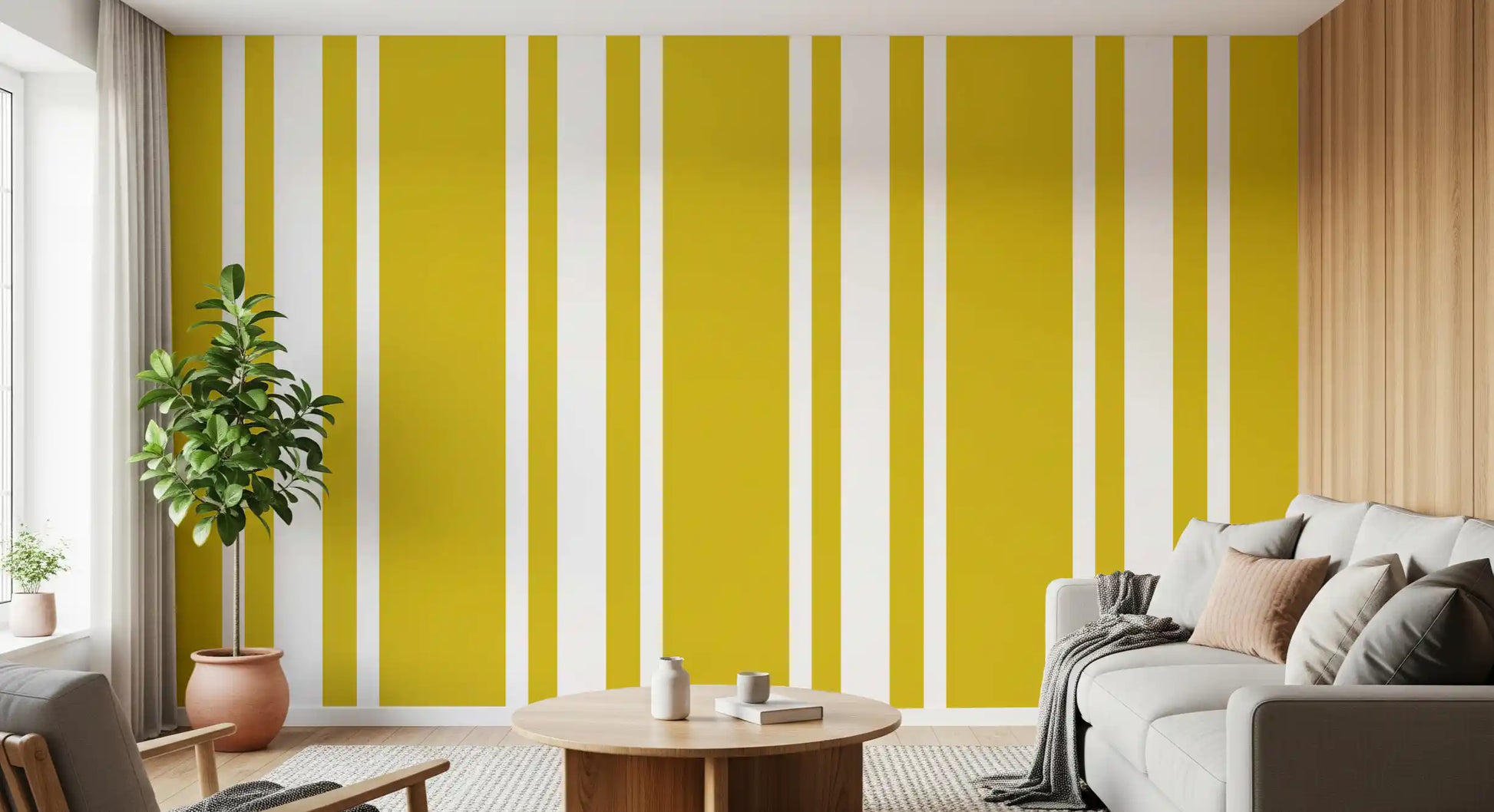 Focusing on the crisp edges of the farmhouse stripe wallpaper in bright mustard., GD9960