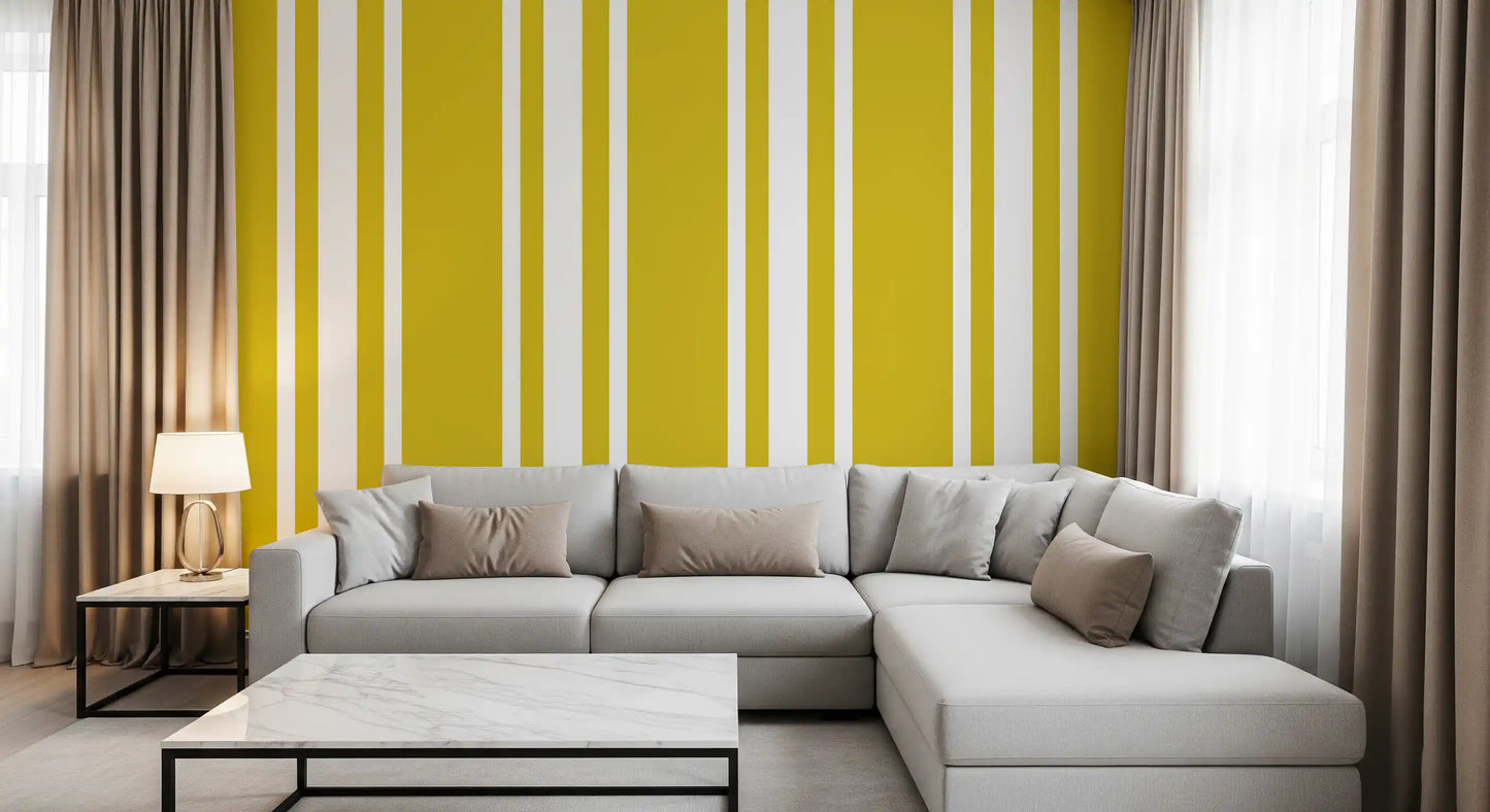 Quiet living area accented by this classic mustard ticking stripe wallpaper., GD9960