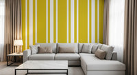 Quiet living area accented by this classic mustard ticking stripe wallpaper., GD9960