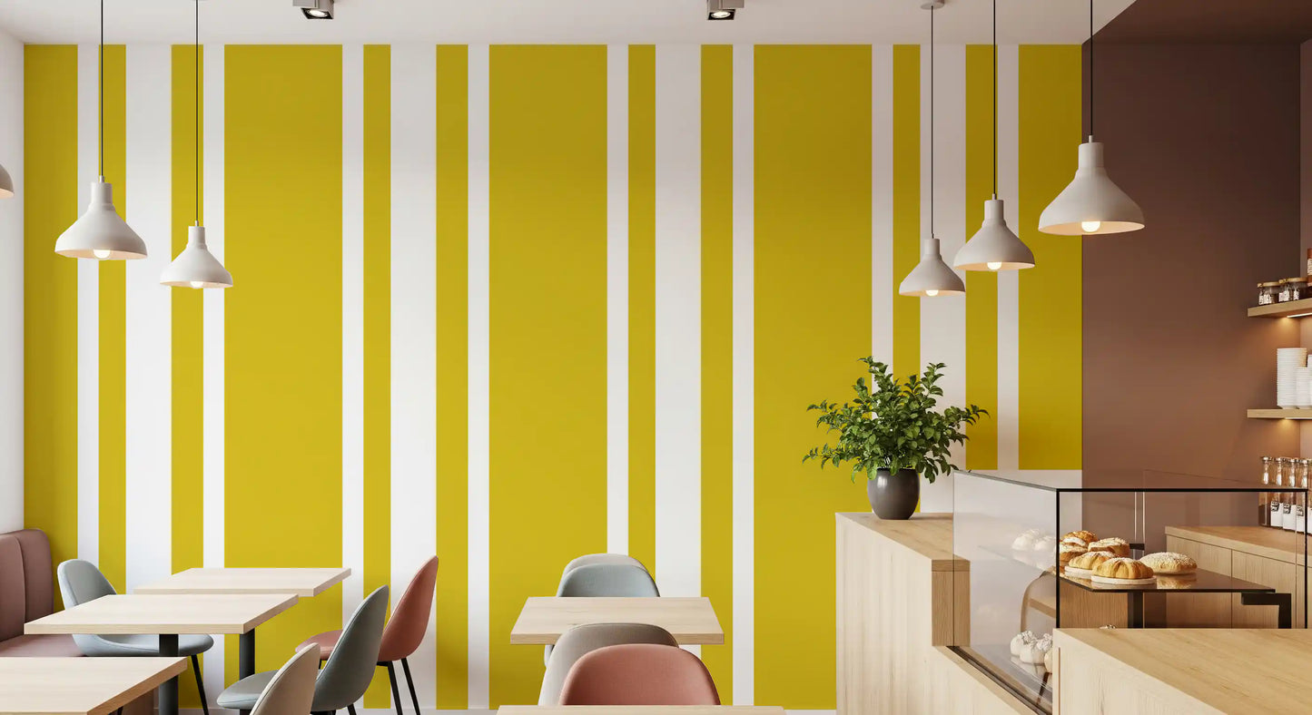 Smooth flat surface visible on the yellow and white striped wallpaper., GD9960