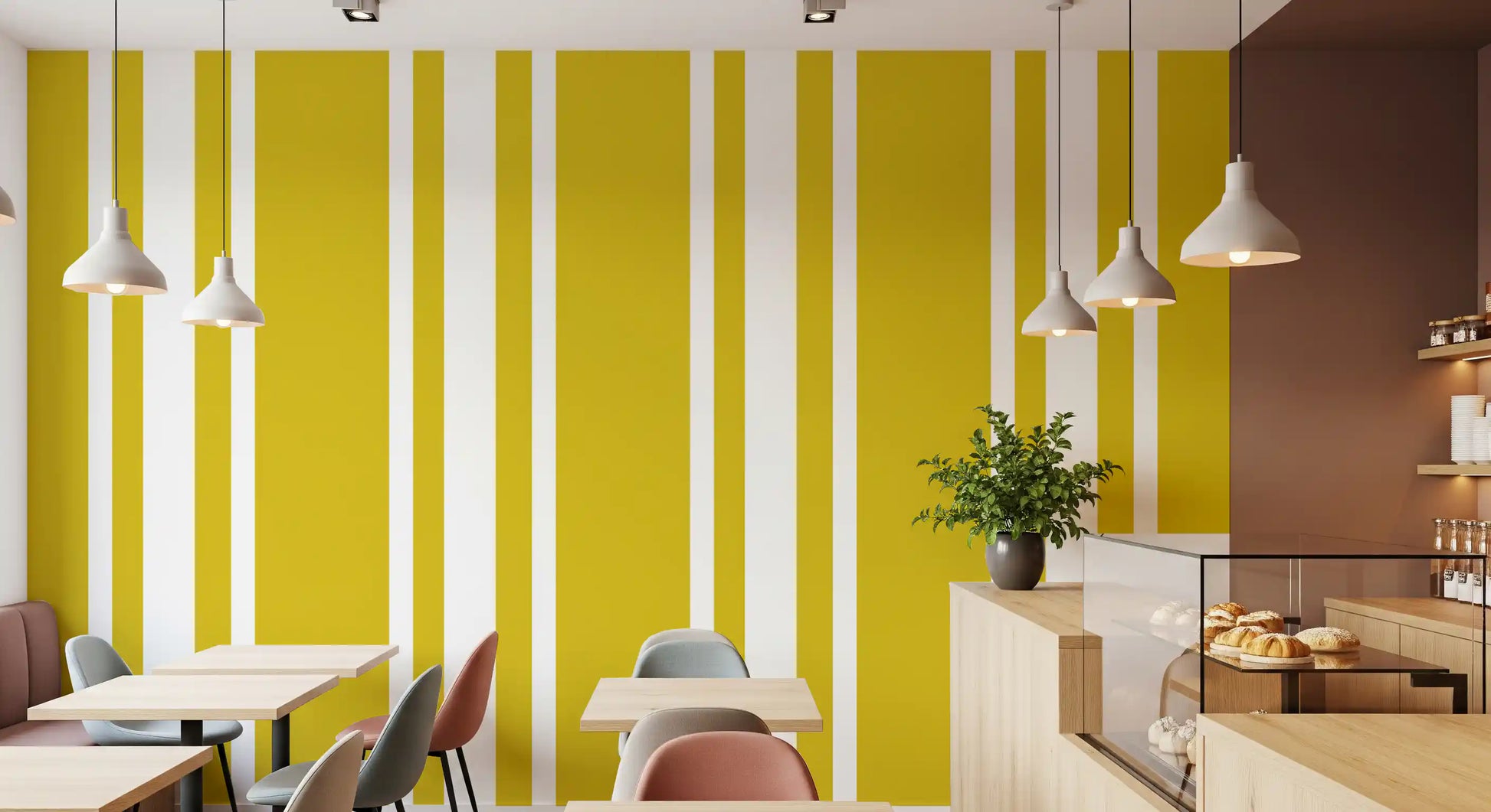 Smooth flat surface visible on the yellow and white striped wallpaper., GD9960