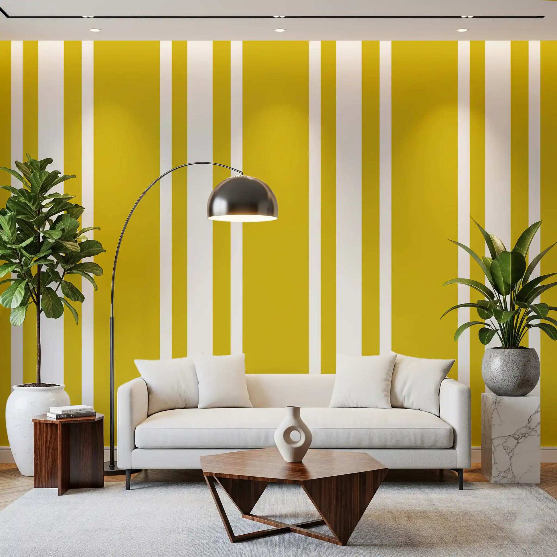 Warm mustard ticking stripe wallpaper installed across a spacious living room., GD9960