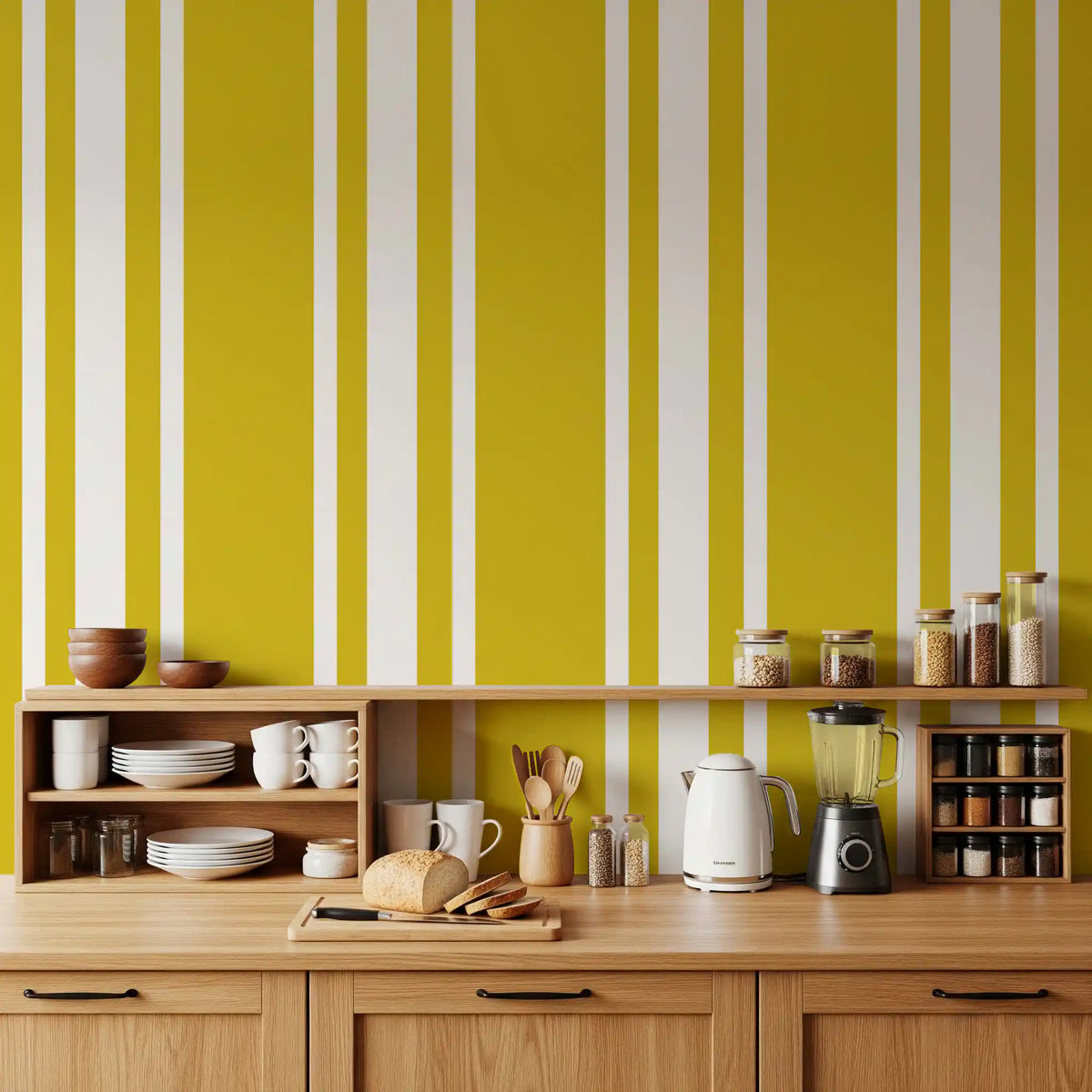 Cheerful yellow and white striped wallpaper creates a cozy kitchen atmosphere., GD9960