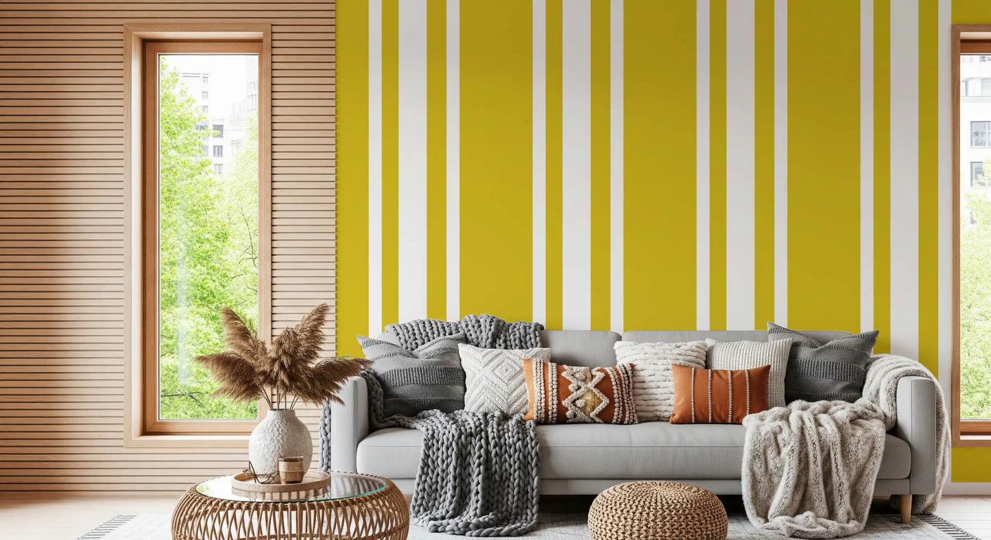 A bright living room featuring the farmhouse stripe wallpaper in golden tones., GD9960