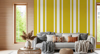 A bright living room featuring the farmhouse stripe wallpaper in golden tones., GD9960