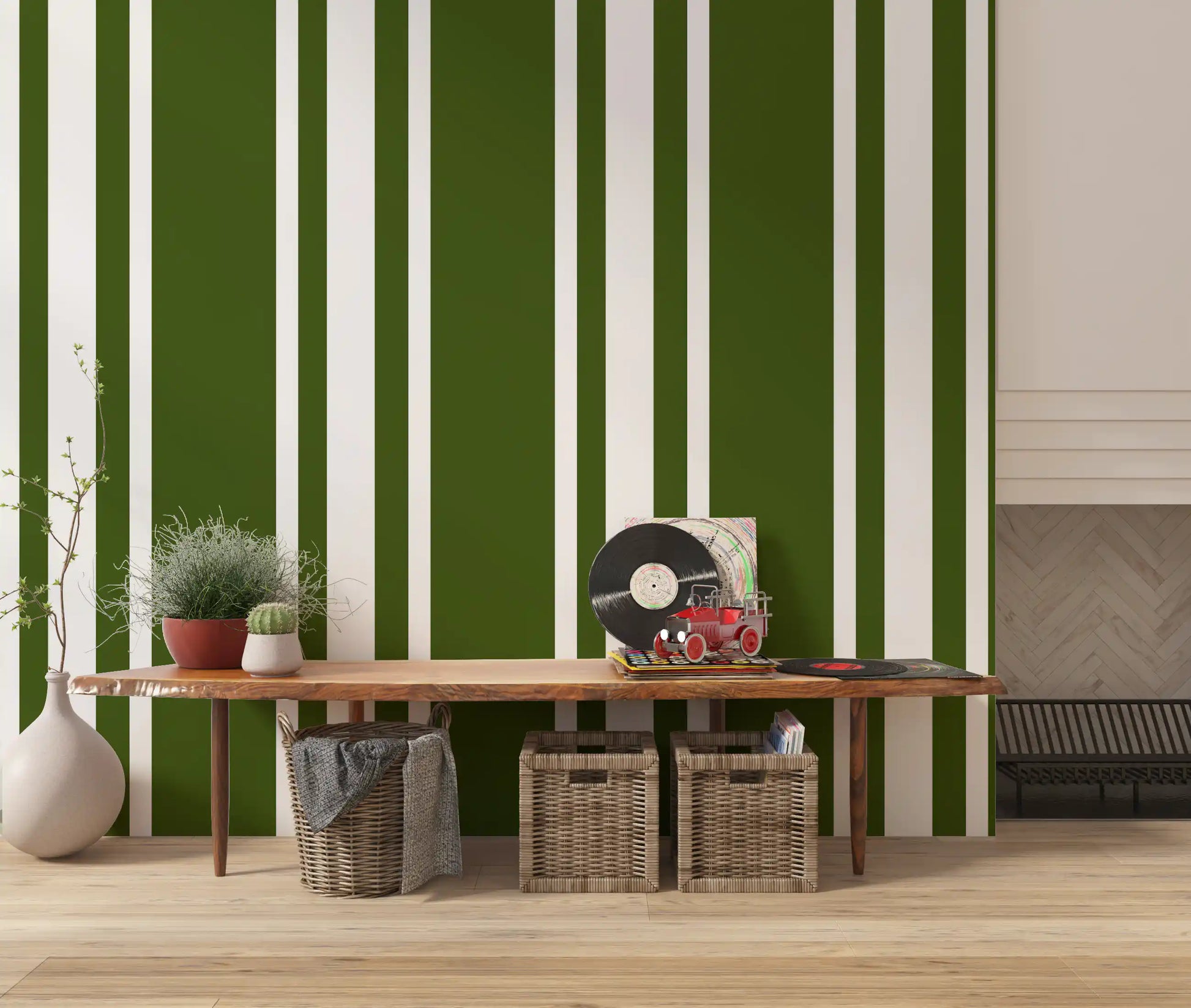 Classic olive green ticking stripe wallpaper for smooth surfaces., GD9961