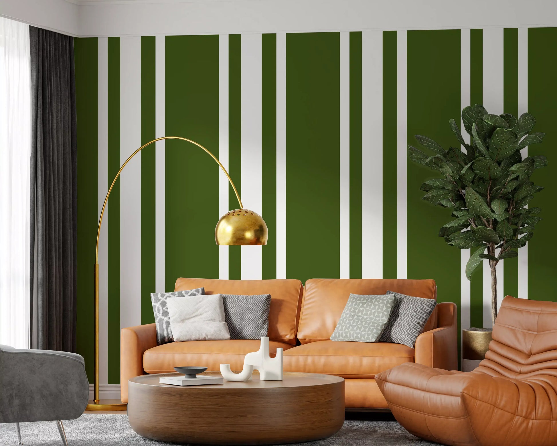 A calm living room features this olive green ticking stripe wallpaper., GD9961