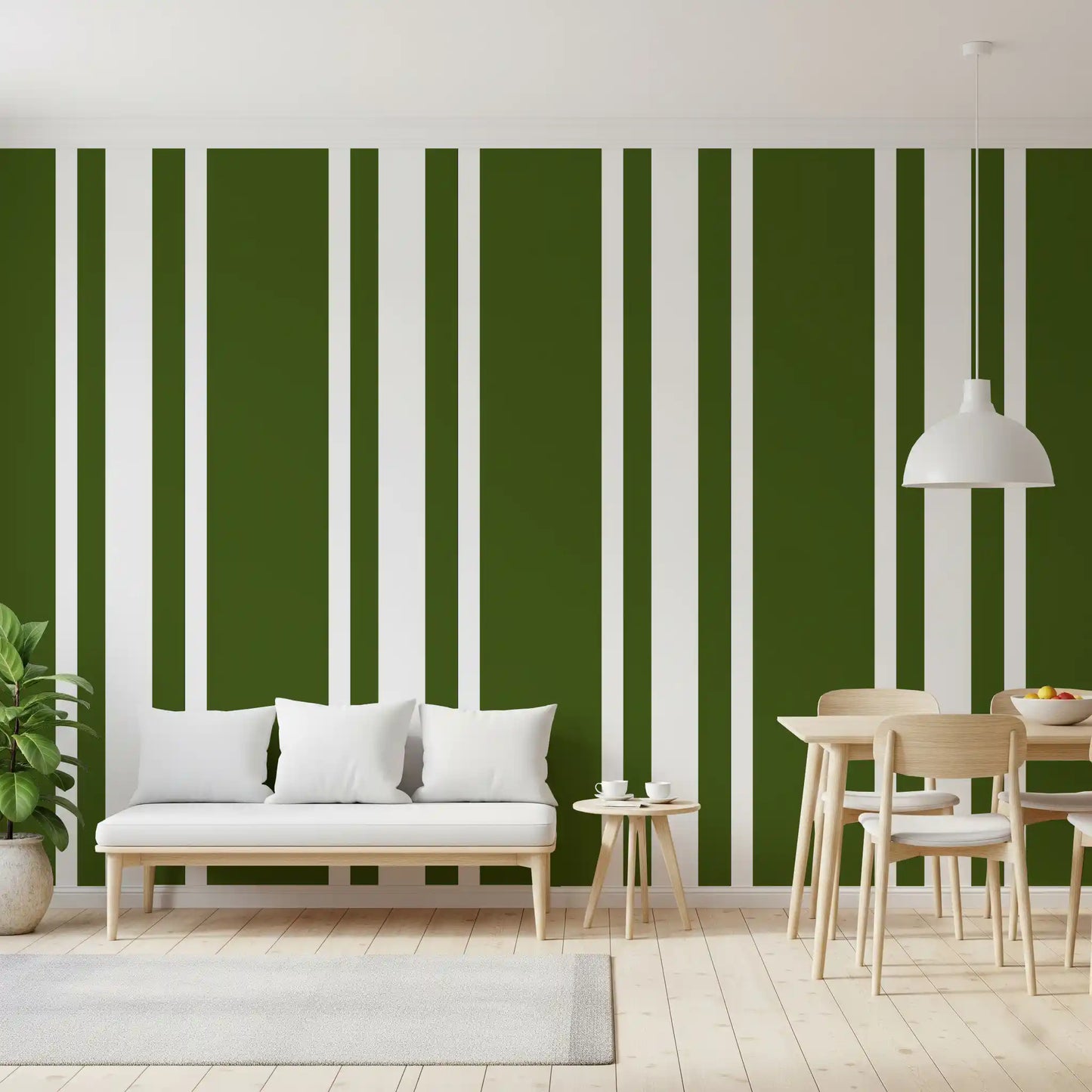 Apartment walls display a playful olive green ticking stripe wallpaper., GD9961