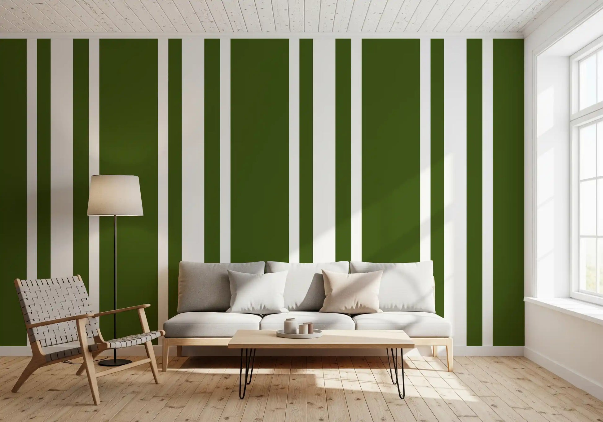 Lounge surfaces featuring green and white ticking stripe wallpaper., GD9961