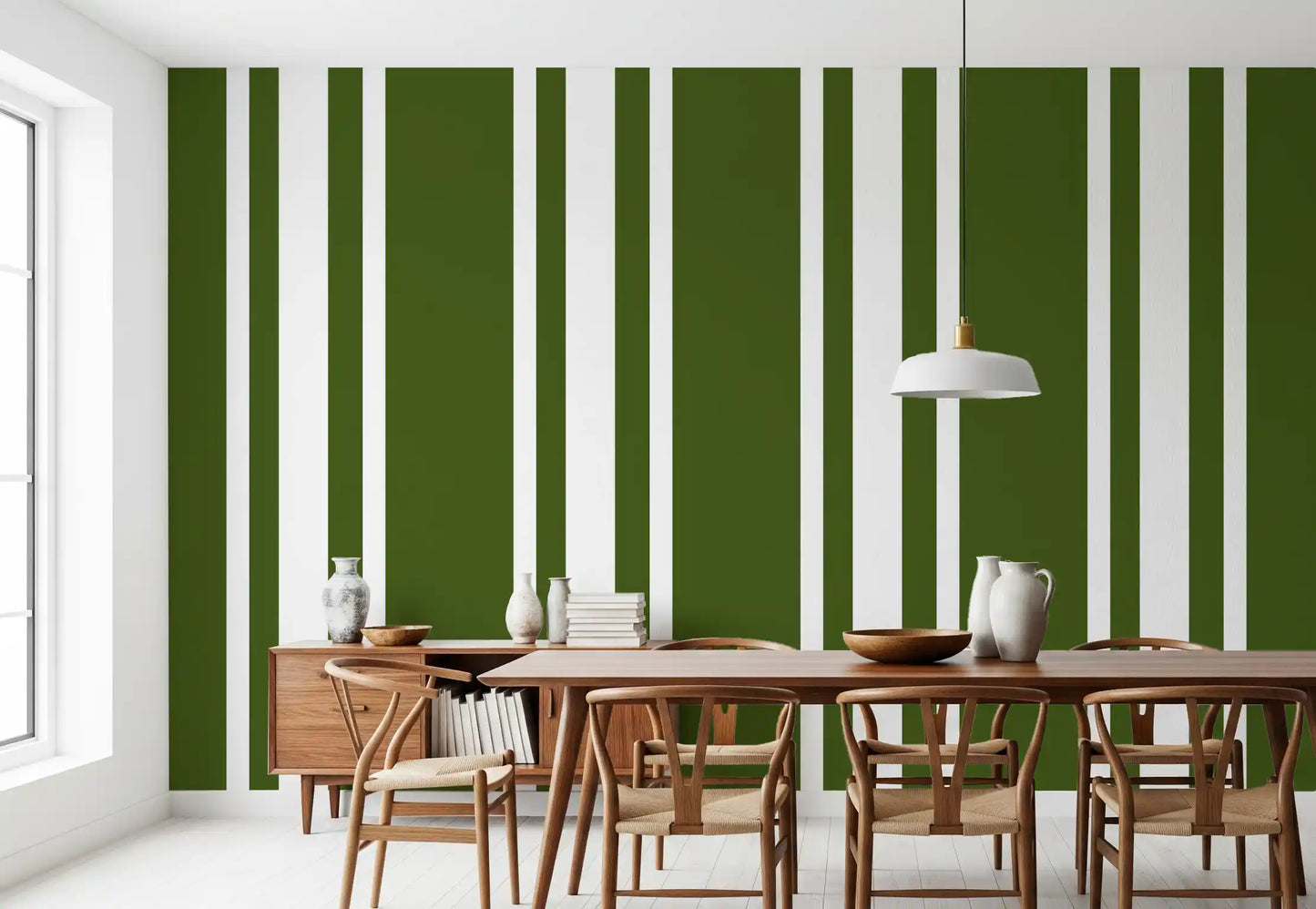 This olive green wallpaper adds character to a modern dining room., GD9961