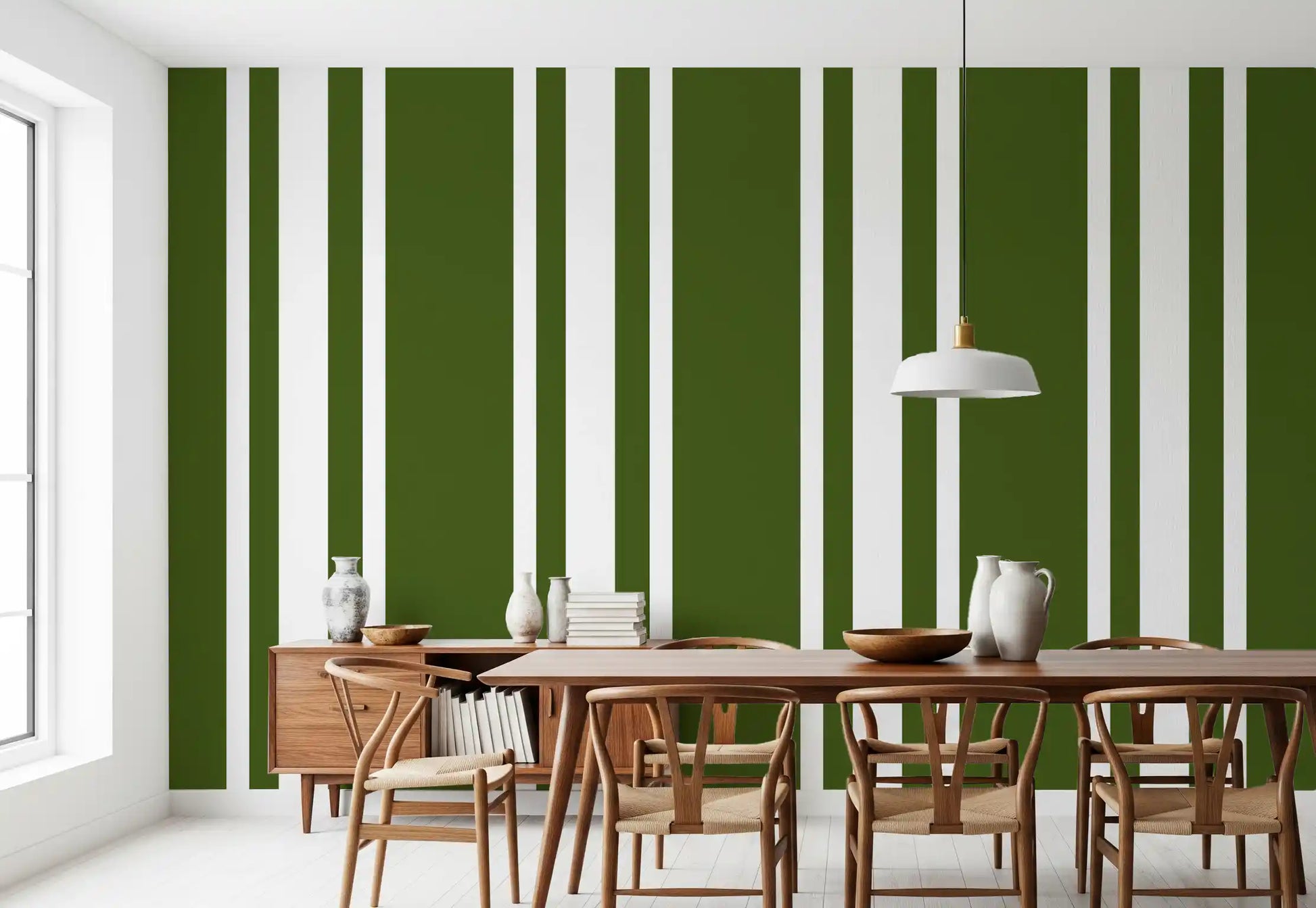This olive green wallpaper adds character to a modern dining room., GD9961