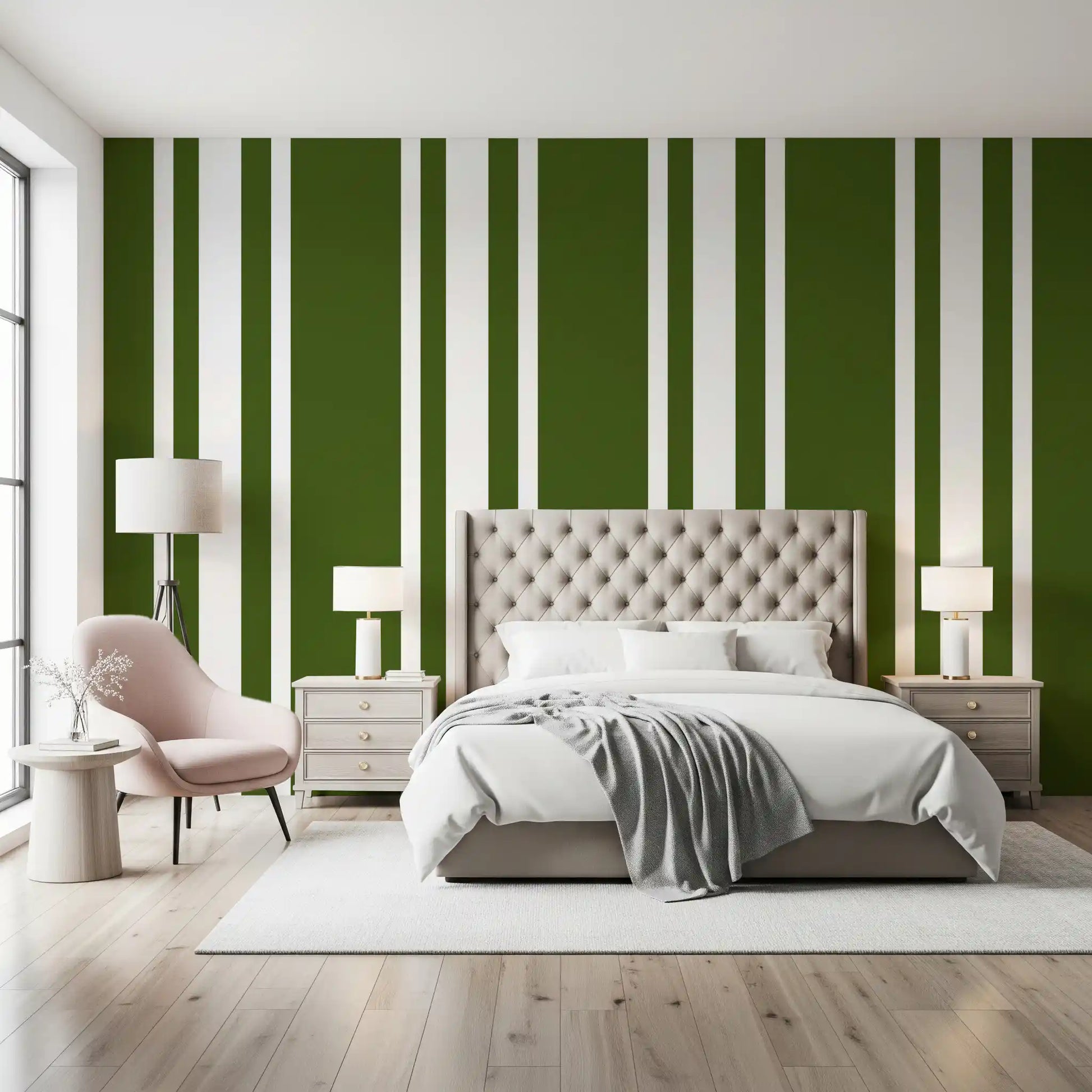 The bedroom walls showcase an olive green ticking stripe pattern wallpaper., GD9961