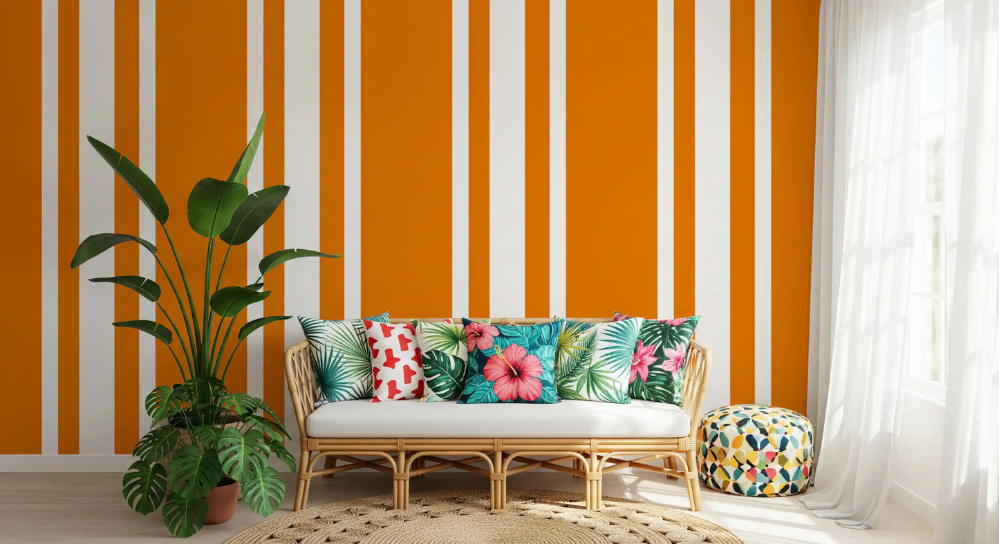 Orange ticking stripe wallpaper with a vintage geometric aesthetic.