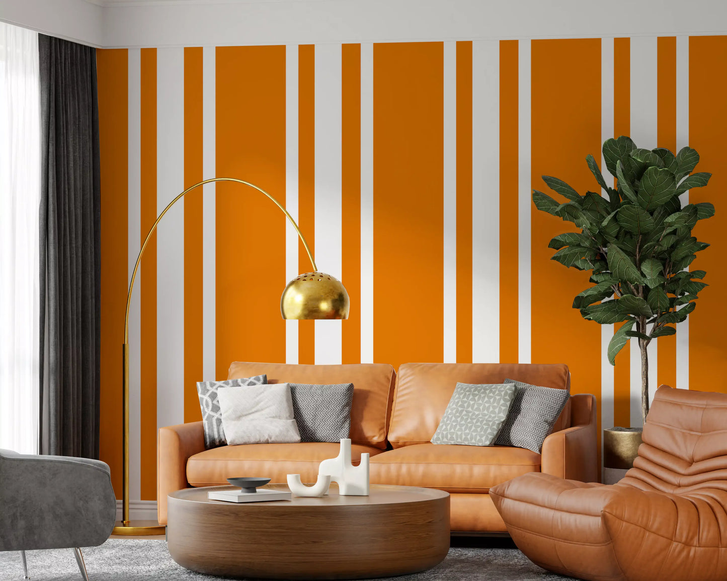 Vertical orange stripes on a retro orange stripe wallpaper.