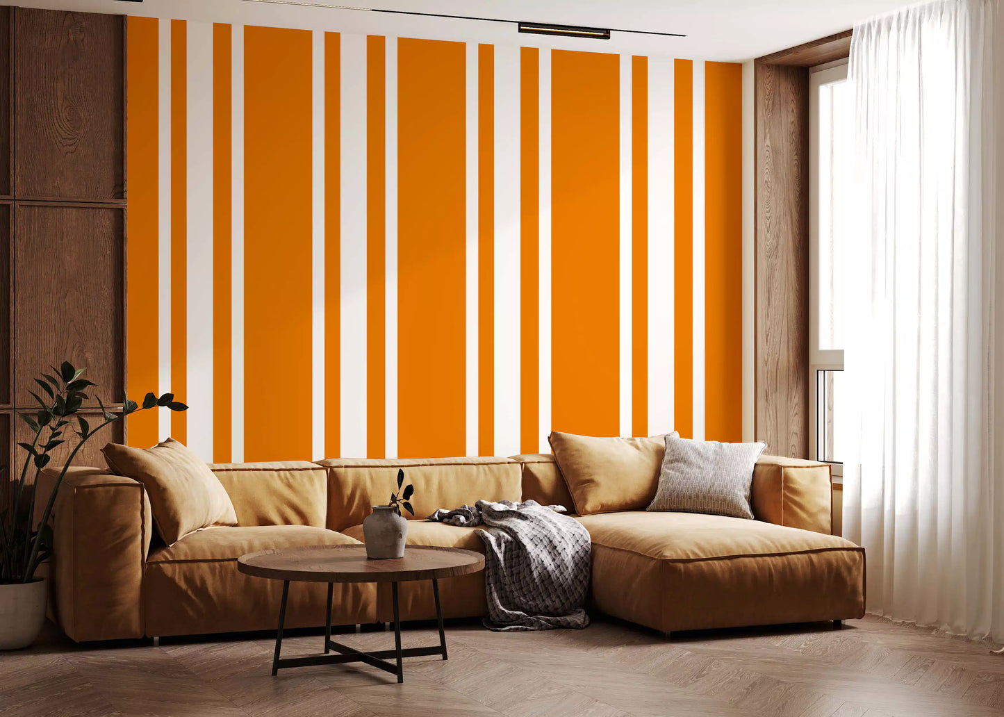 Playful striped wallpaper pattern inside a modern living room.