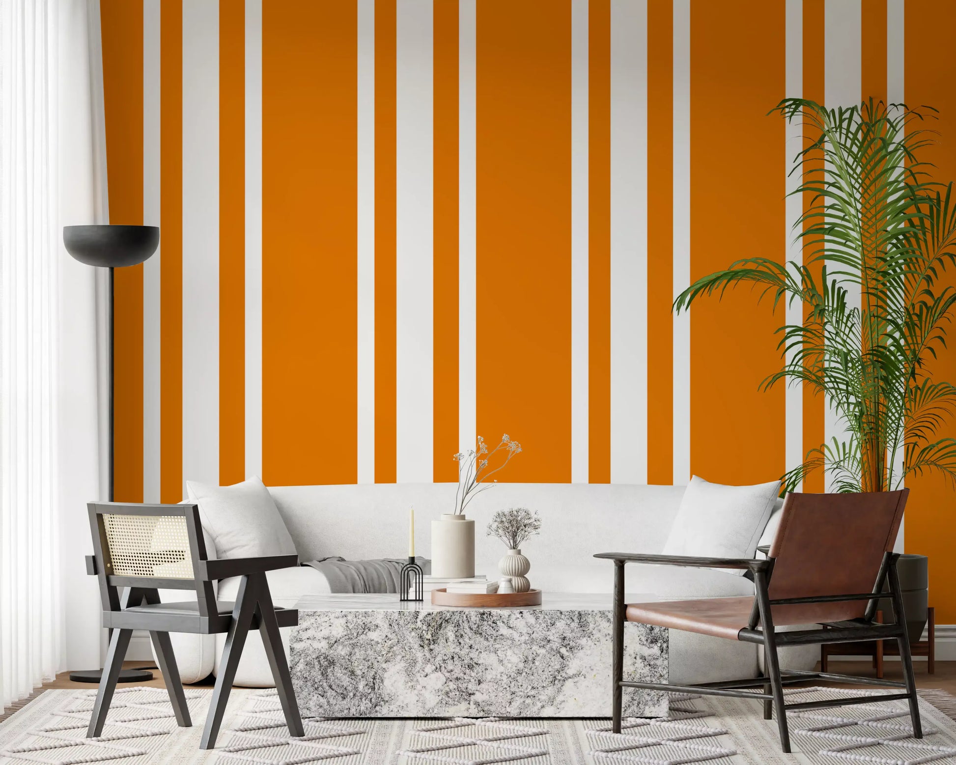 Vertical stripes on orange ticking stripe wallpaper.