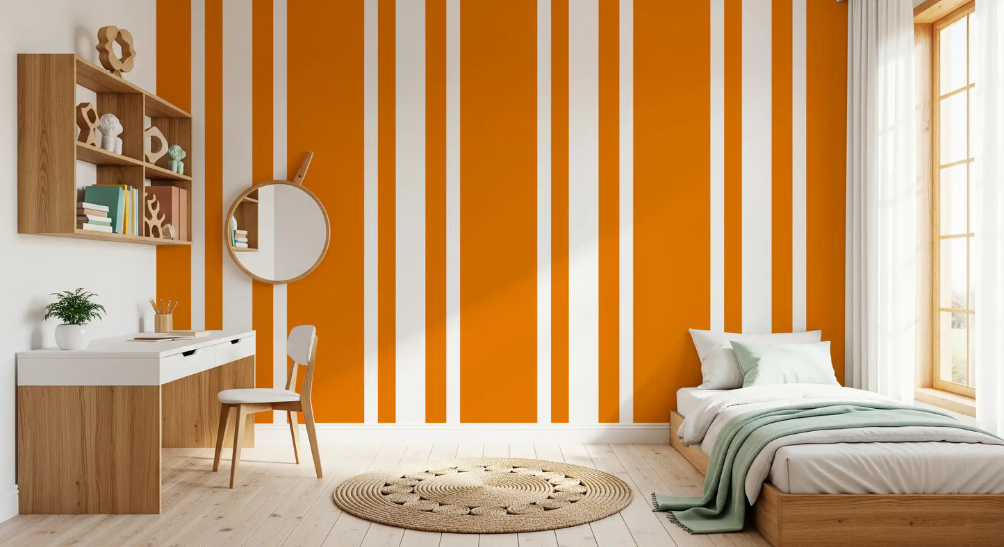 Repeating orange stripe wallpaper pattern with crisp white bands.