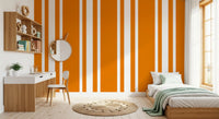 Repeating orange stripe wallpaper pattern with crisp white bands.