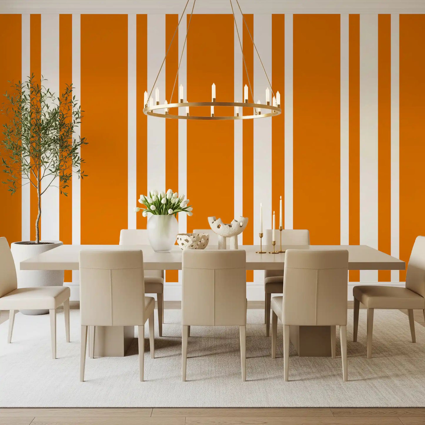 Vertical orange stripe wallpaper for a dining room