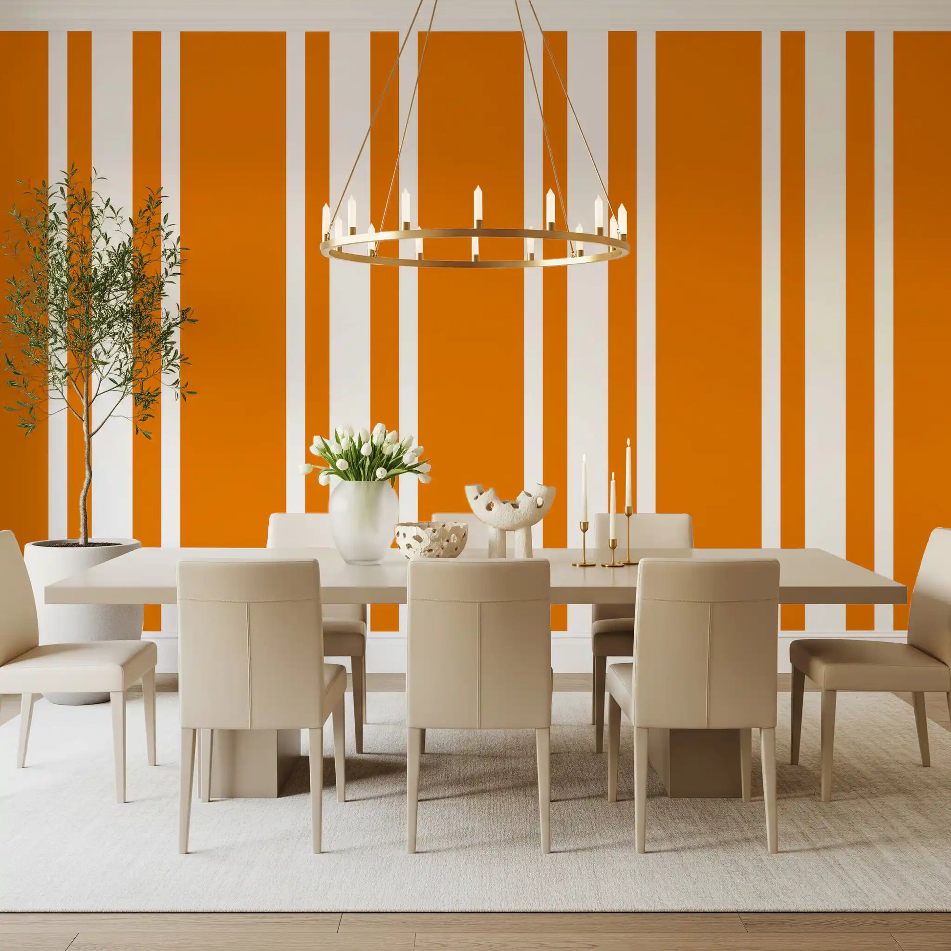 Vertical orange stripe wallpaper for a dining room