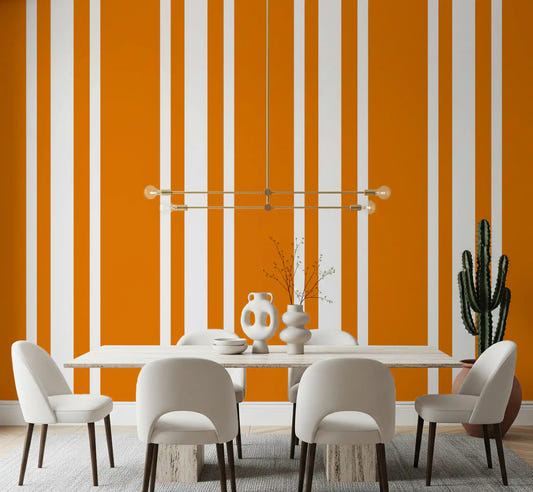 Vertical orange stripe wallpaper in retro style for a dining room.