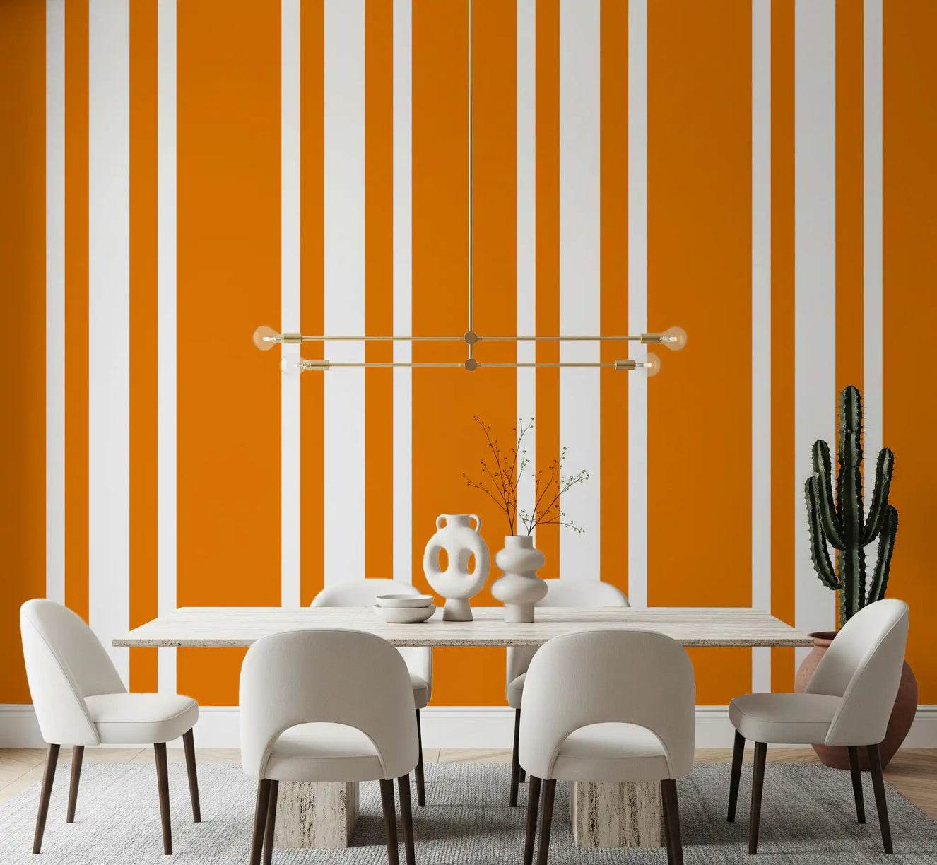 Vertical orange stripe wallpaper in retro style for a dining room.