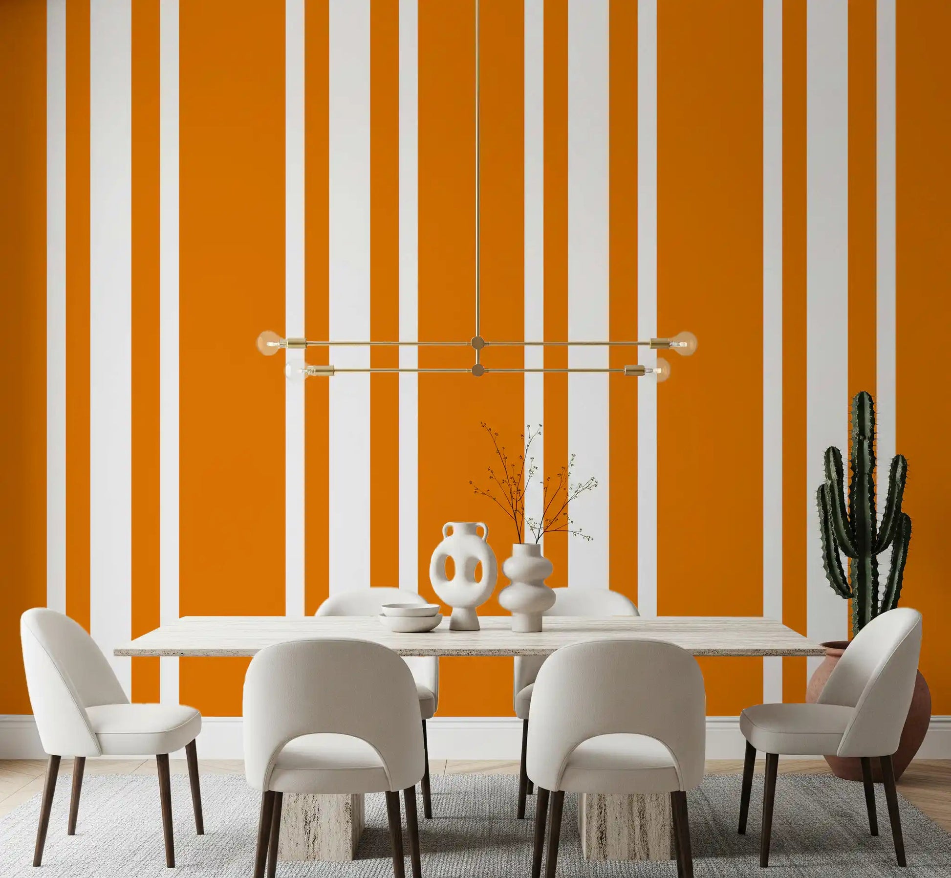Vertical orange stripe wallpaper in retro style for a dining room.
