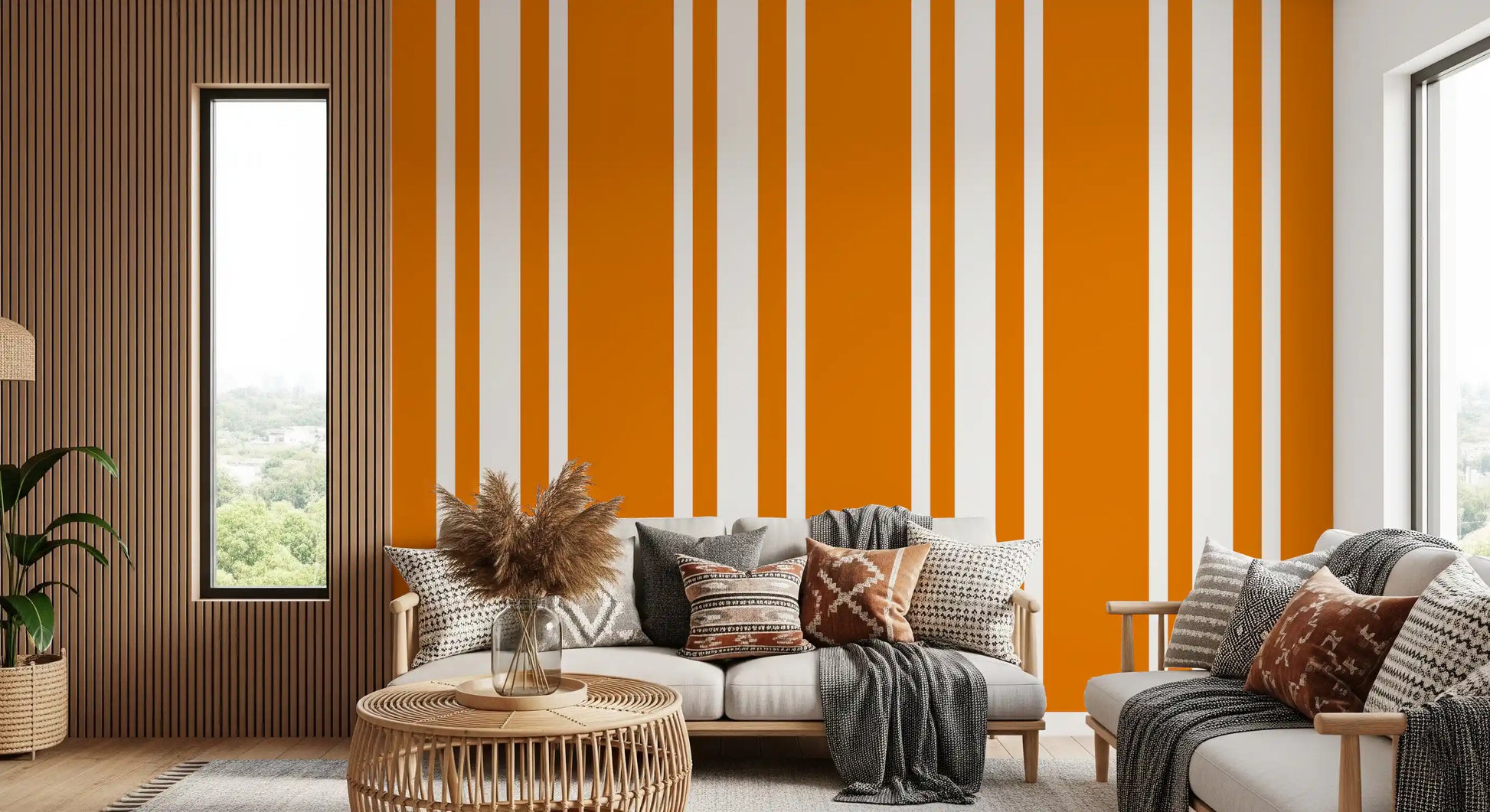 Sophisticated orange ticking wallpaper in a sunlit living room.