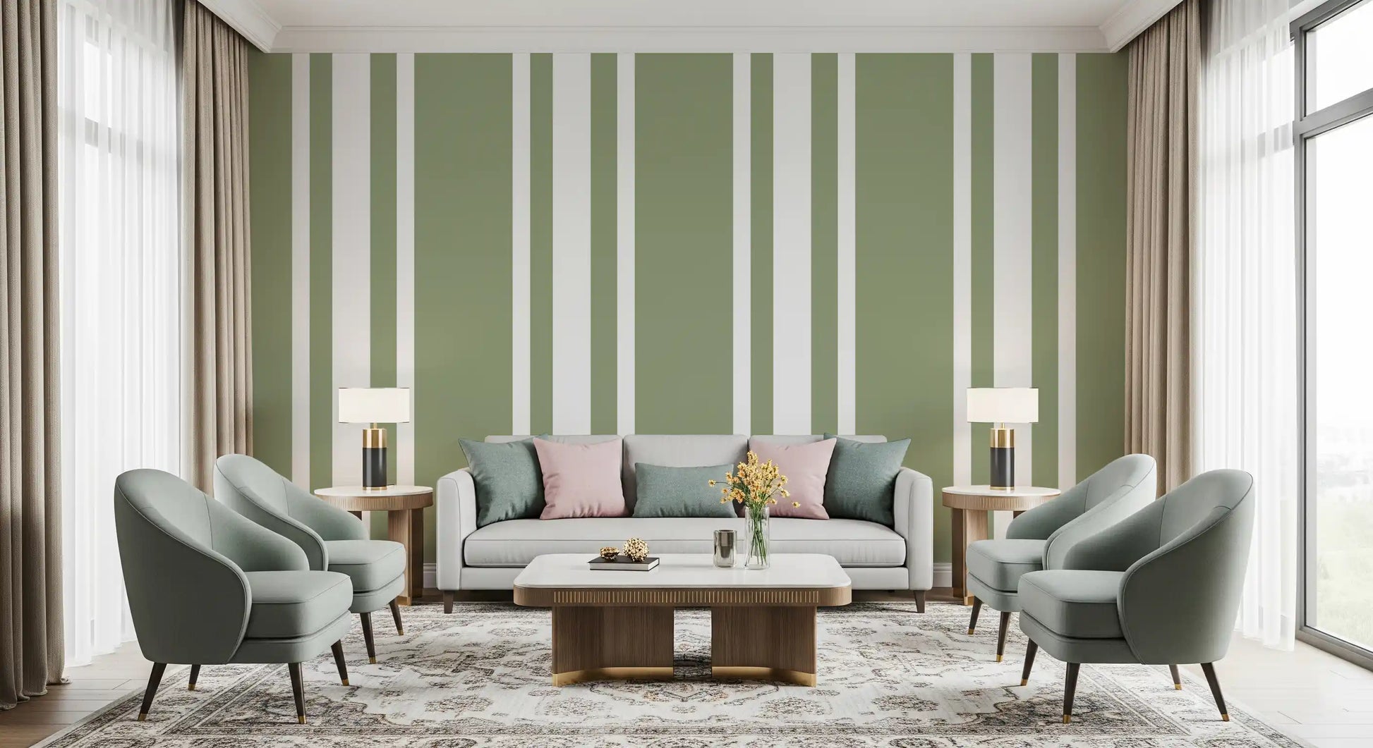 Sage green ticking stripe wallpaper for a serene living room., GD9963