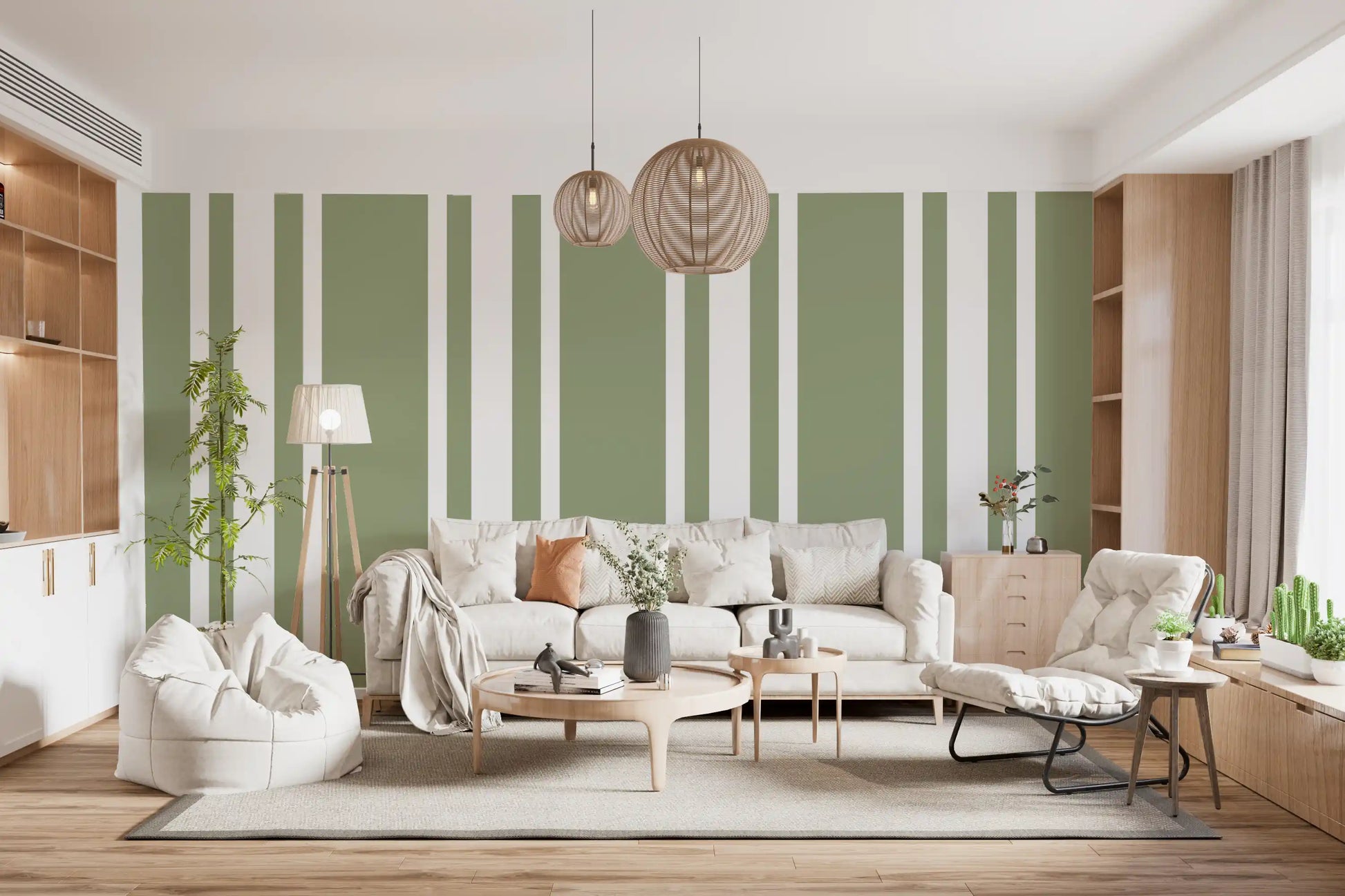 Classic ticking stripe wallpaper in muted green tones., GD9963
