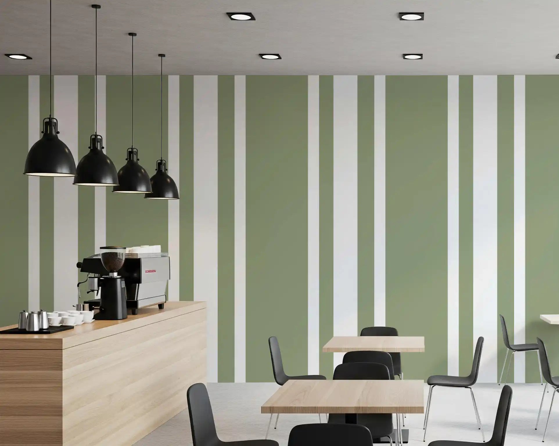 Sage green ticking stripe wallpaper for an modern cafe interior., GD9963