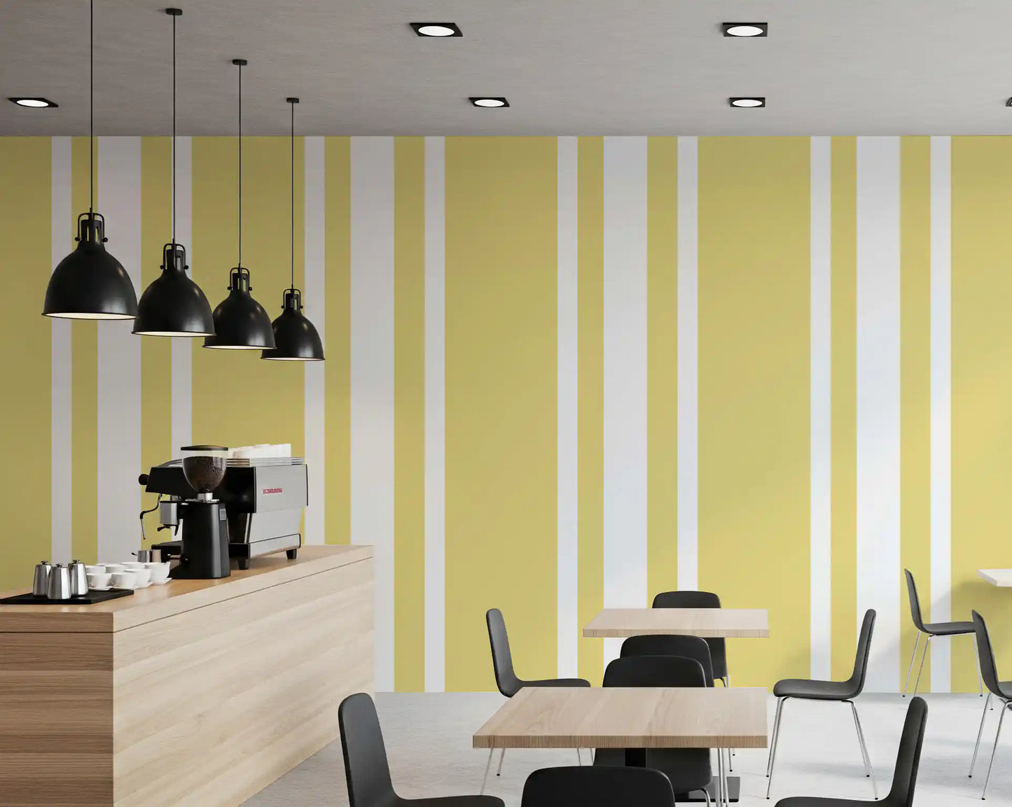 Cafe walls look inviting with soft yellow ticking stripe wallpaper., GD9964