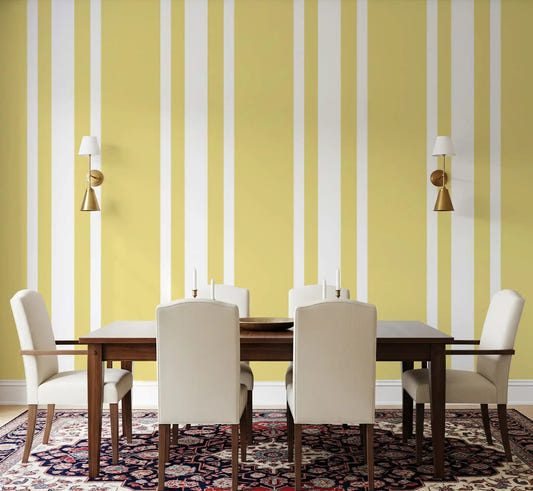 Traditional farmhouse wallpaper refreshes a large dining room.