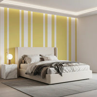 Soft yellow ticking stripe wallpaper in a sunlit bedroom., GD9964