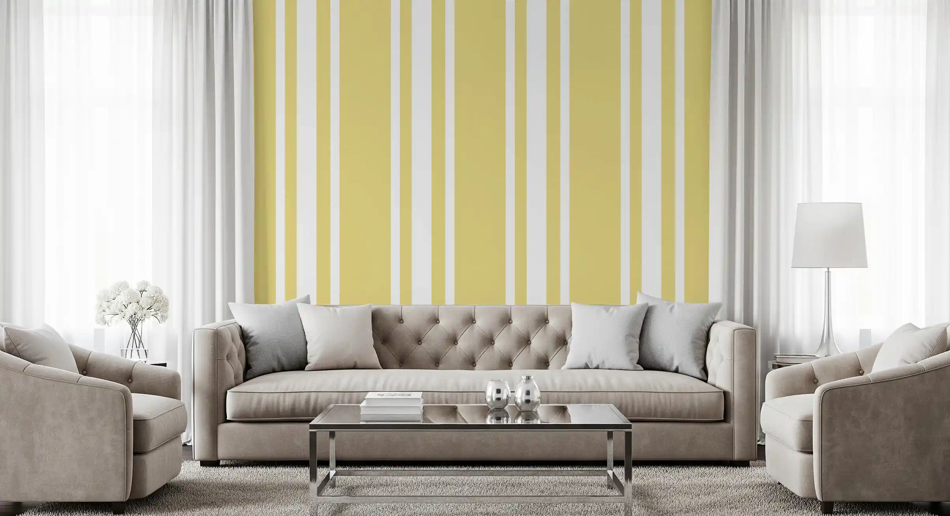 Vertical stripes on soft yellow ticking stripe wallpaper., GD9964