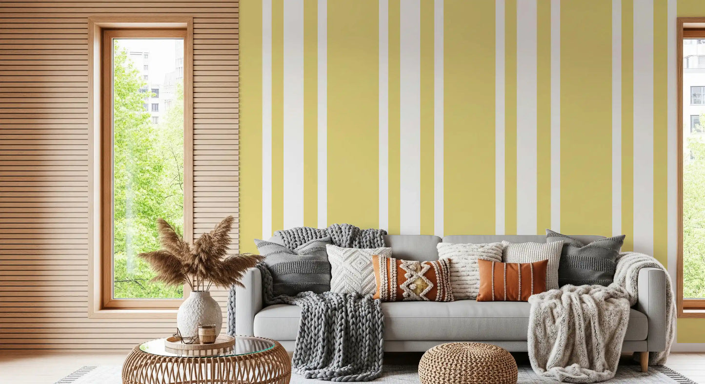 Pale yellow striped wallpaper covers walls in a quiet living space., GD9964