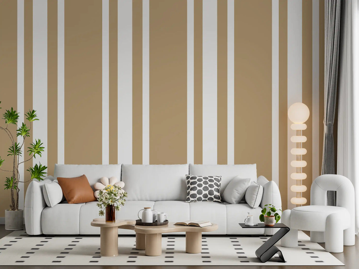 Ticking stripe neutral wallpaper inside a modern living room., GD9965