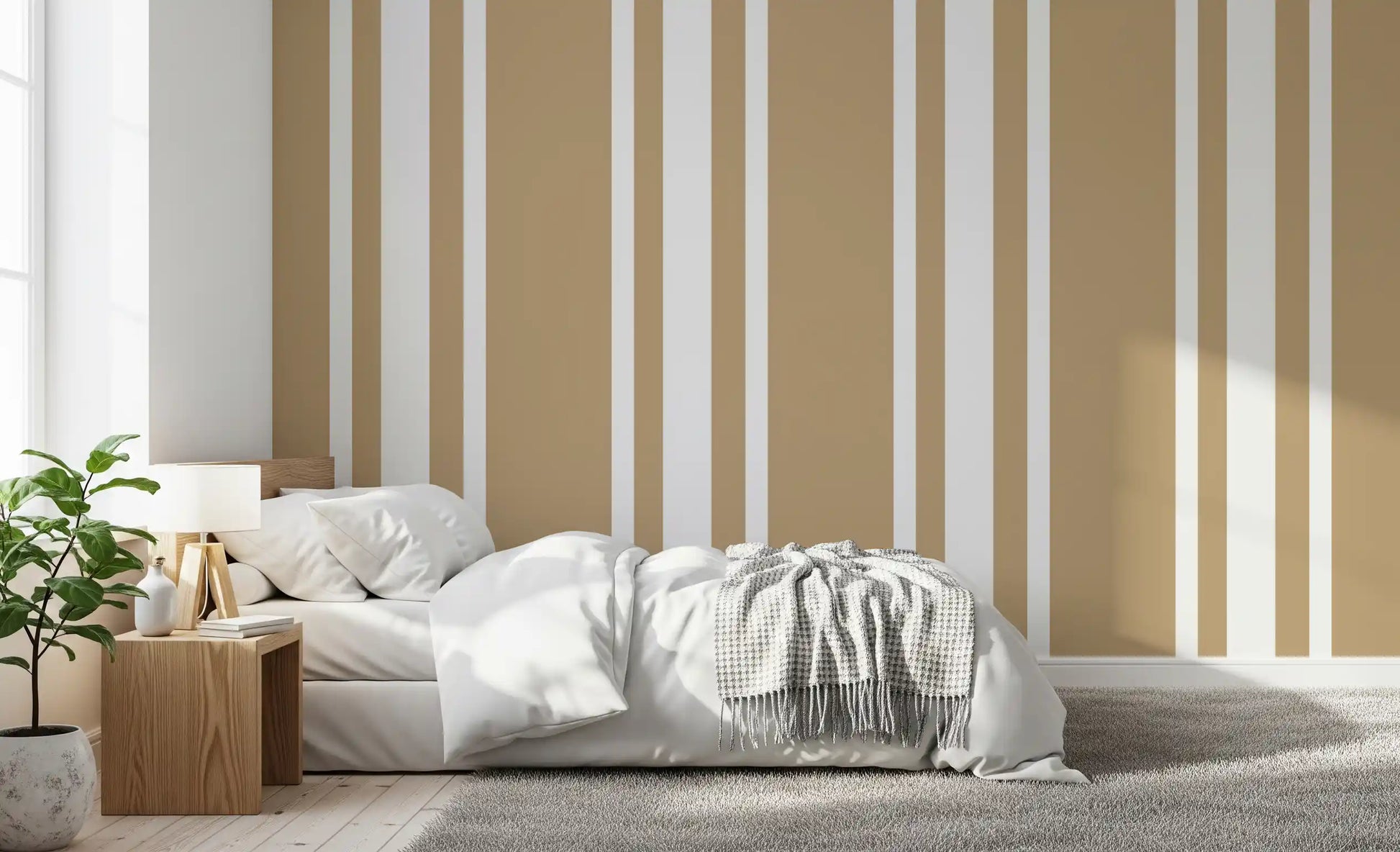 Neutral taupe ticking stripe wallpaper for a cozy bedroom interior., GD9965