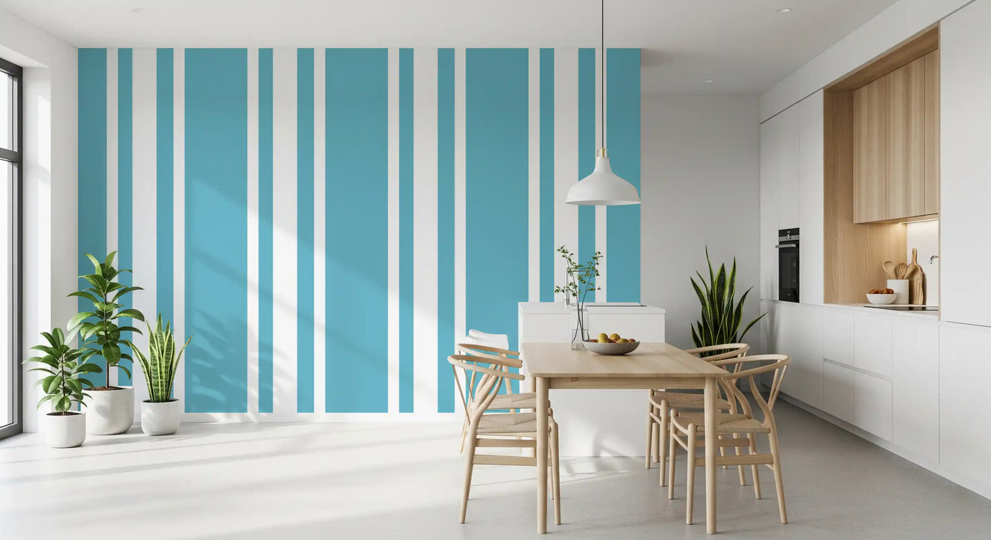 Blue and white bands on this ticking stripe wallpaper.