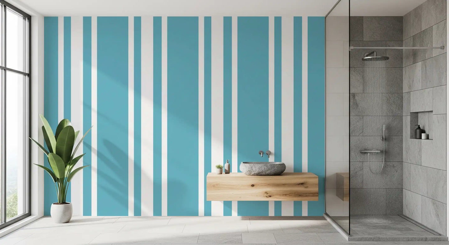 Vertical stripes define this retro blue wallpaper.