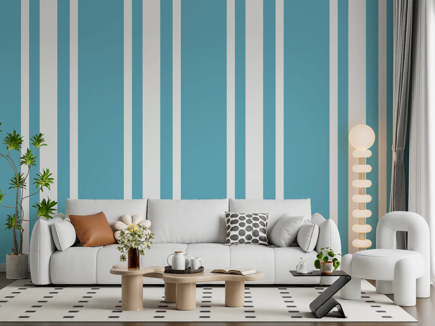 Blue Ticking Stripe Wallpaper lines the walls of a cozy seating space.