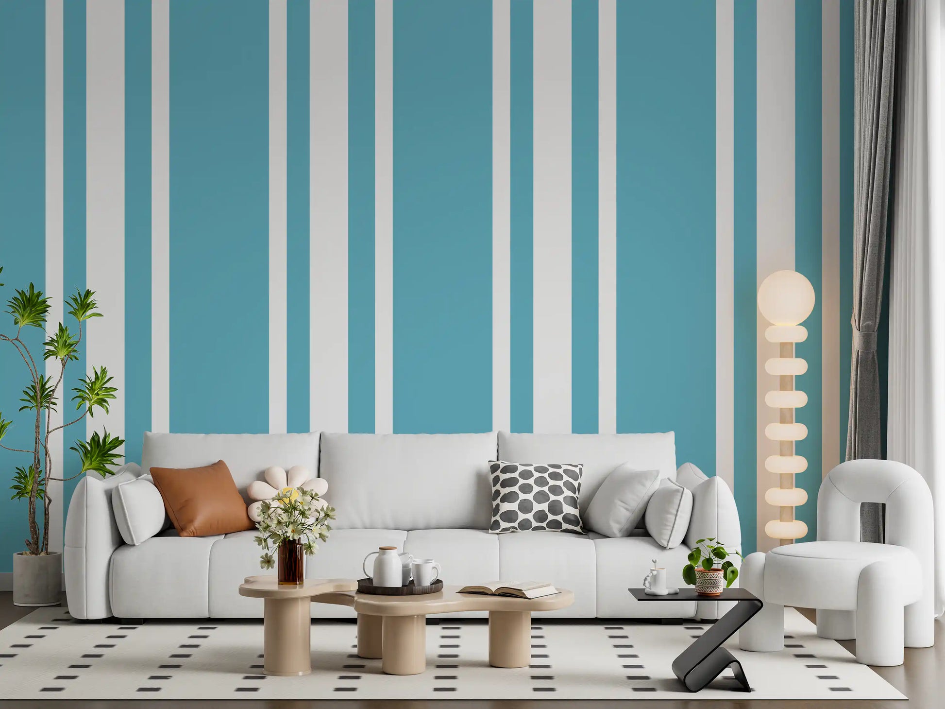 Blue Ticking Stripe Wallpaper lines the walls of a cozy seating space.